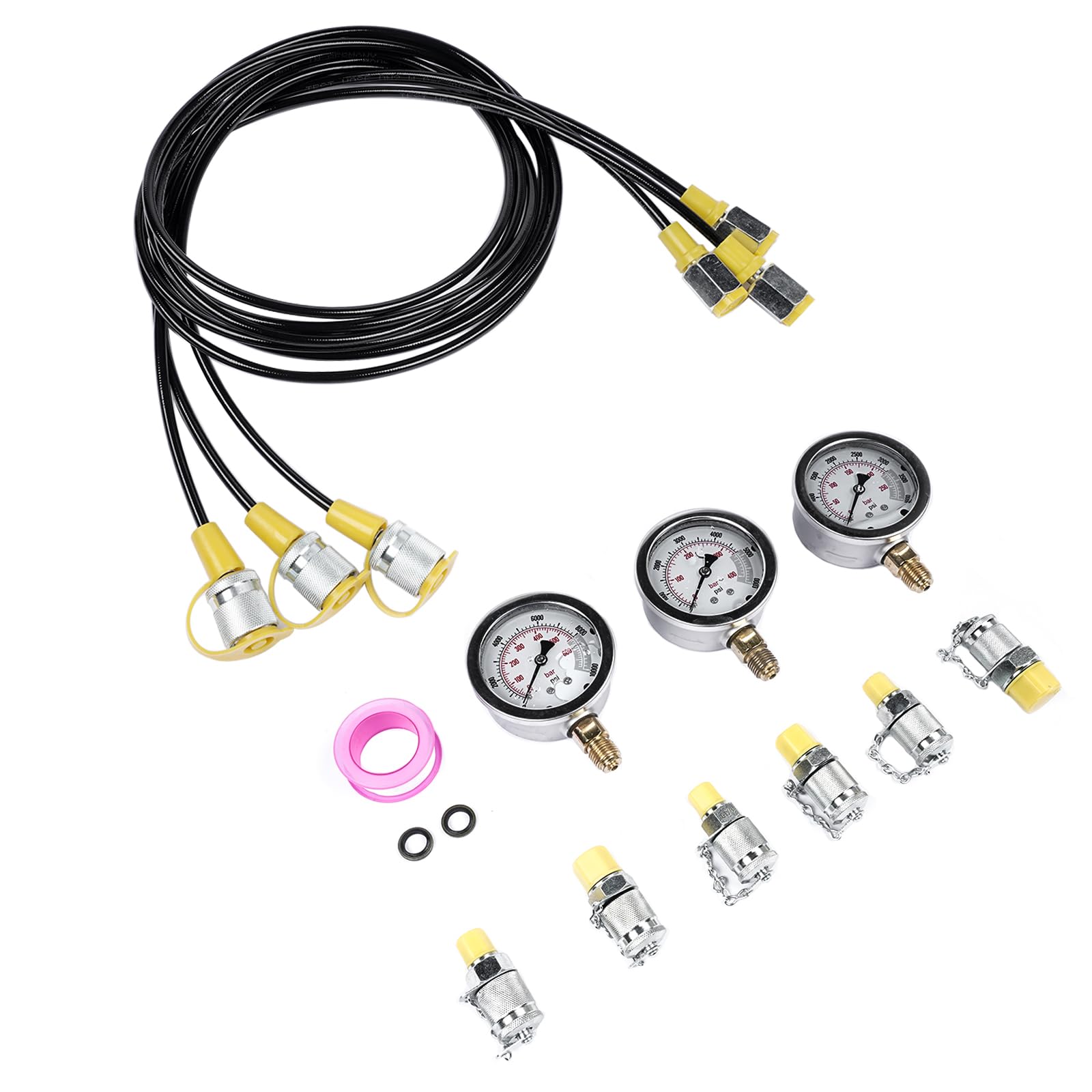 Hydraulic Pressure Test Kit 25/40/60MPa mit 6 Kupplungen, 304 Edelstahl Hydraulik-Messgeräte-Set für Bagger & Baumaschinen, inklusive Schlauchkupplungen und Messgerät für Hydraulik-Testgeräte