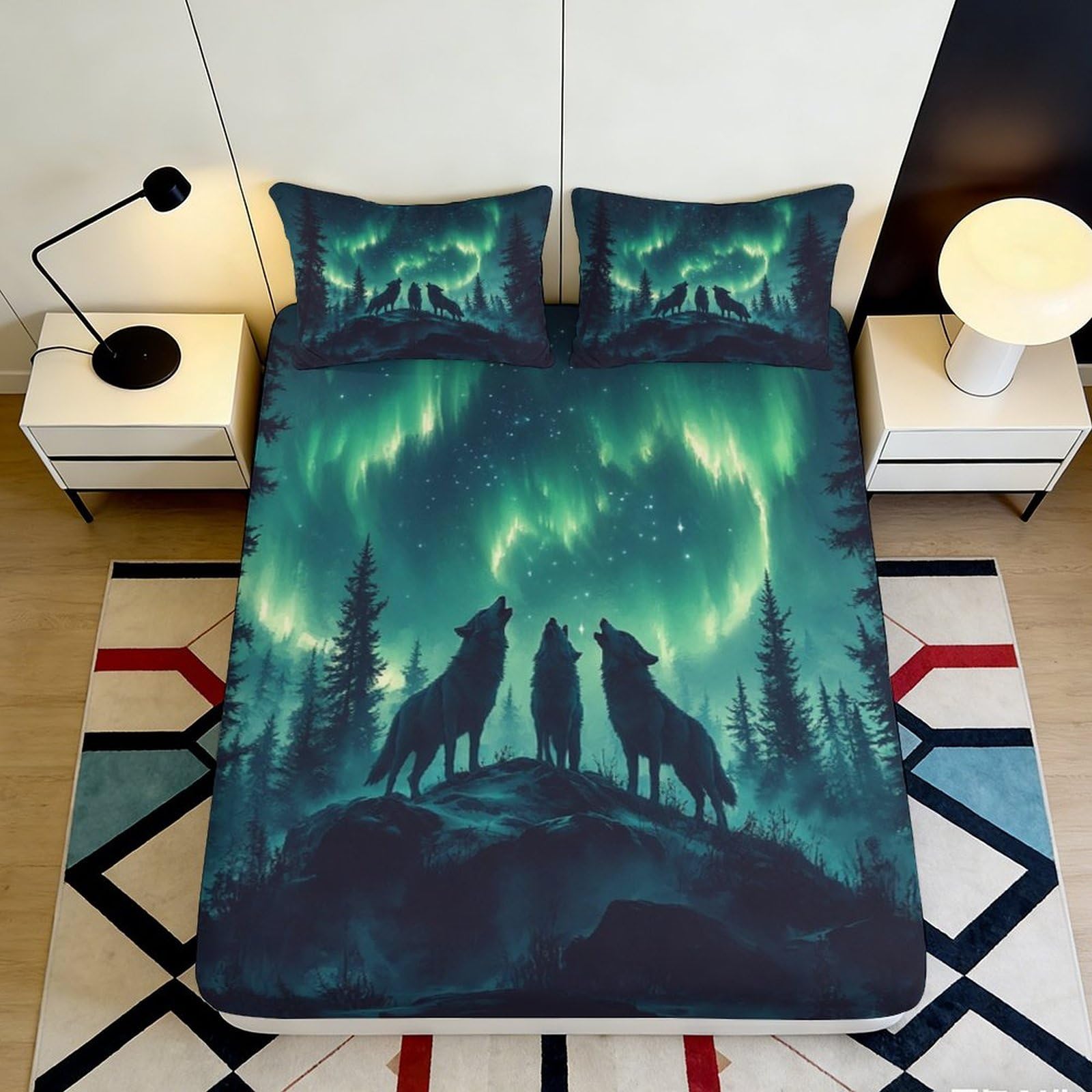 Pnayamiorkfel Style-6 3D Printed Northern Lights Fitted Sheet Microfiber Wolf Howling Mattress Cover For Bedroom Dorm Decor Easy Care 90X200x25cm