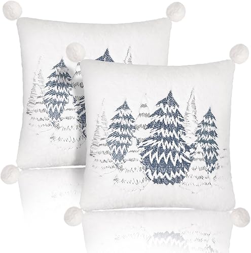 Miniatura 7 de Fundas de almohada, 18 x 18 pulgadas, juego de 2 fundas de almohada decorativas de doble cara de piel sintética suave con bola de felpa, bonita