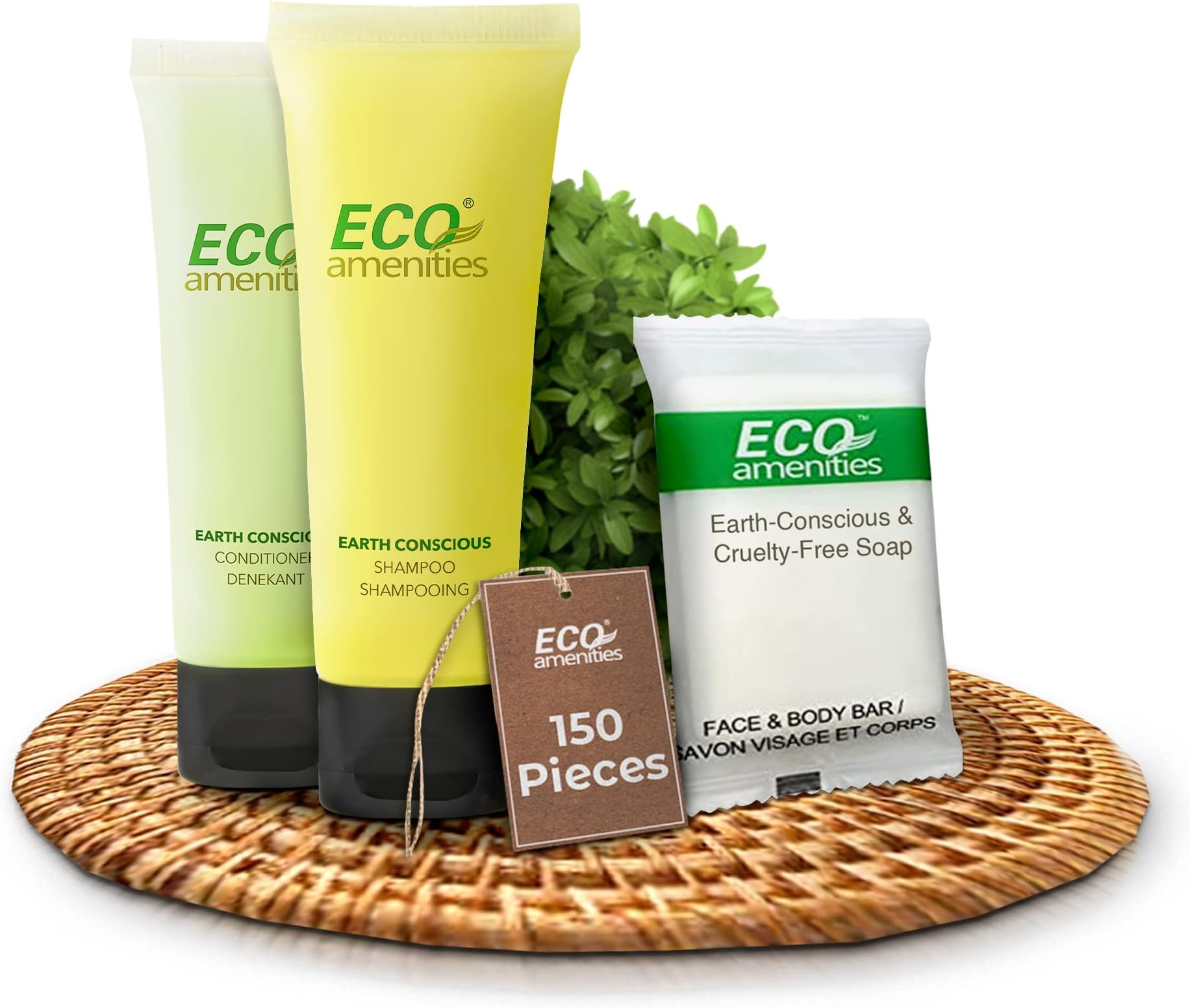 ECO amenities Travel Kit - Mini Shampoo & Conditioner Set - Eco Paraben-Free Soap Bars & Travel Essentials - Individually Wrapped Hotel Amenities Kit - 1 Fl Oz each, Pack of 150, Green Tea