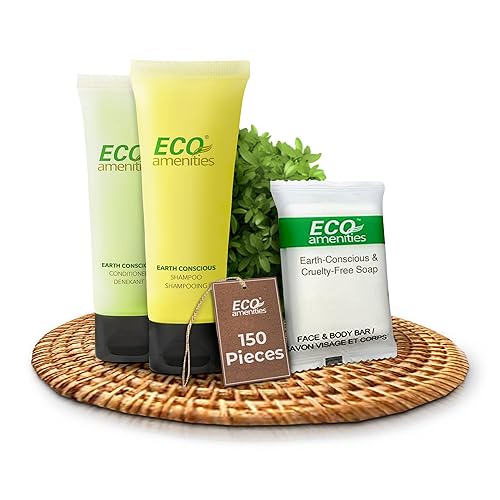 ECO Amenities Kit de viaje de 150 piezas kit de jabón, champú y acondicionador en bolsas de aseo  barras y juegos de tamaño de prueba (1 oz cada uno)