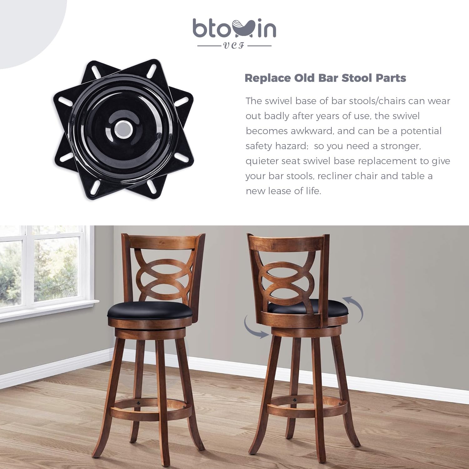 Btowin VCF 2 Pack 4 Inch / 10cm Heavy Duty Bar Stool Swivel Plate Replacement,360 Degree Boat Seat Swivel Base with Solid Ring of Ball Bearings for Barstools,Recliner Chair,Chair Boat Seat - Image 2