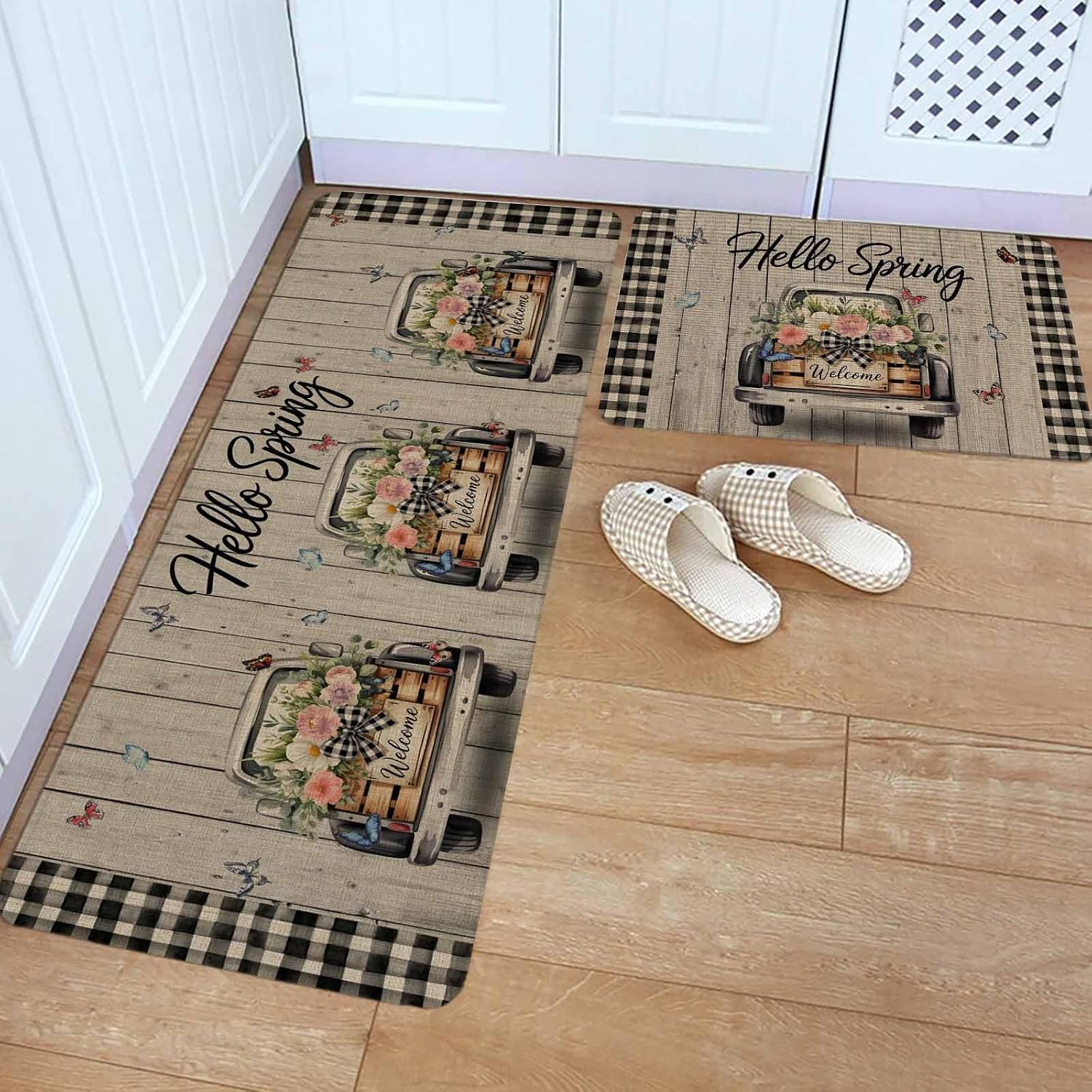 Spring Flower Kitchen Rugs and Mats Set of 2, Non-Slip Kitchen Sink Mat, Farmhouse Vintage Truck Black Plaid Wood Grain Washable Doormat Bathroom Rugs Runner for Bedroom 23.6"x35.4"+23.6"x70.9"