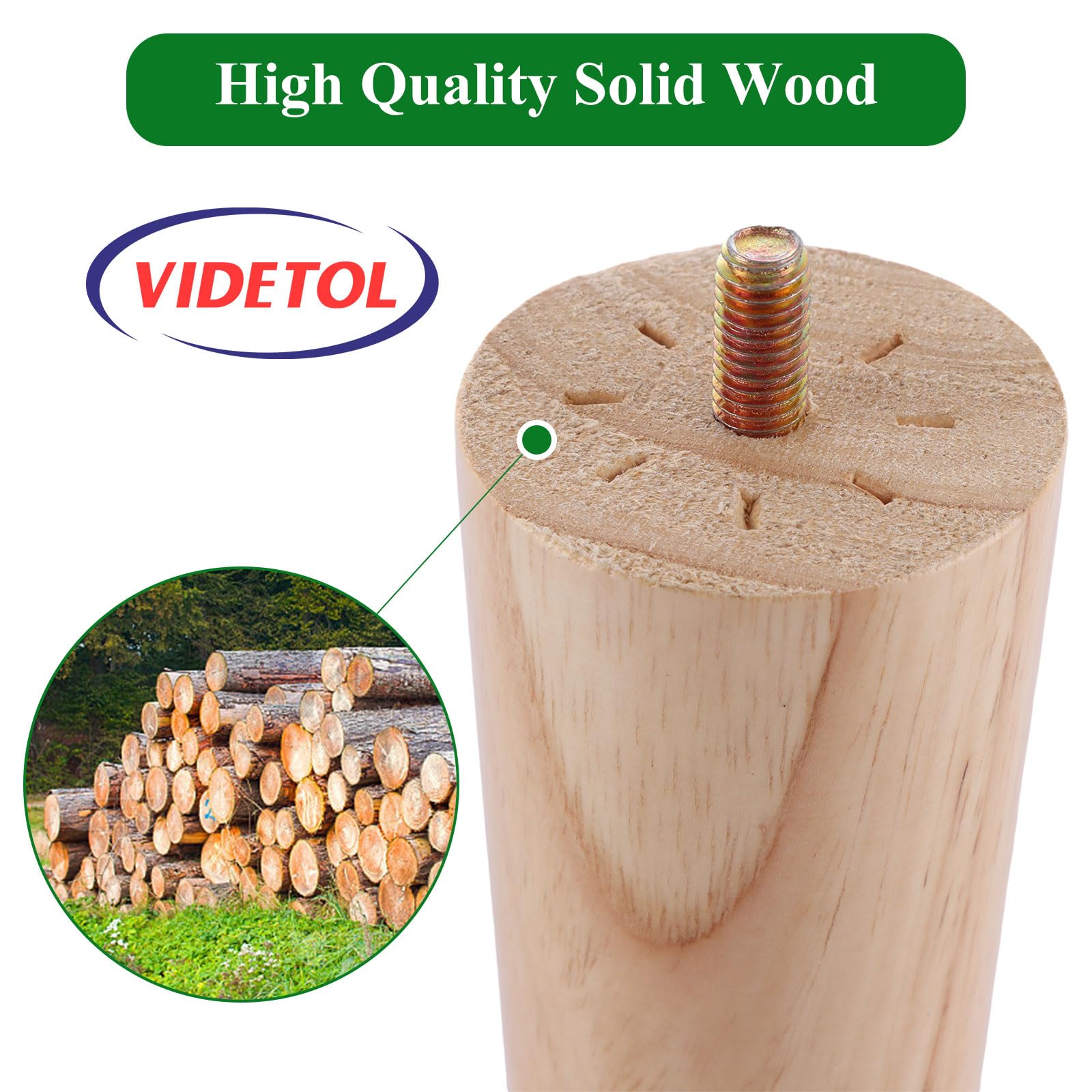 VIDETOL 15cm Wooden Furniture Legs Set of 8, Nature Solid Wooden Sofa Legs - Image 3