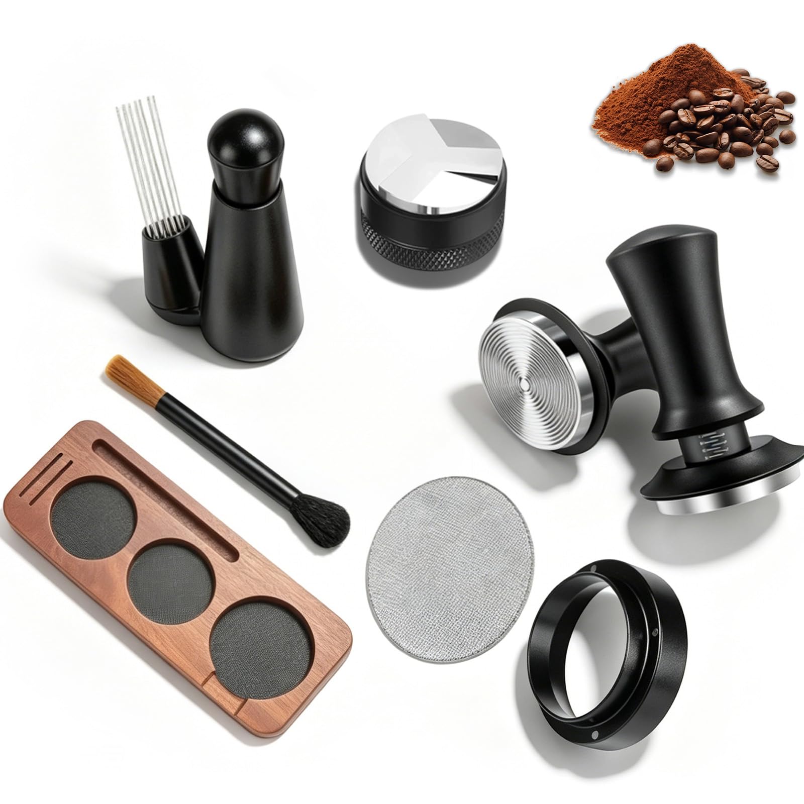 Tamper do espresso 51 mm, 7 sztuk z igłą do espresso, tamper i dystrybutor, matą do ubijania kawy, pierścień dozujący, igły, puck screen, stacja tampera i szczotka do czyszczenia ekspresu do espresso