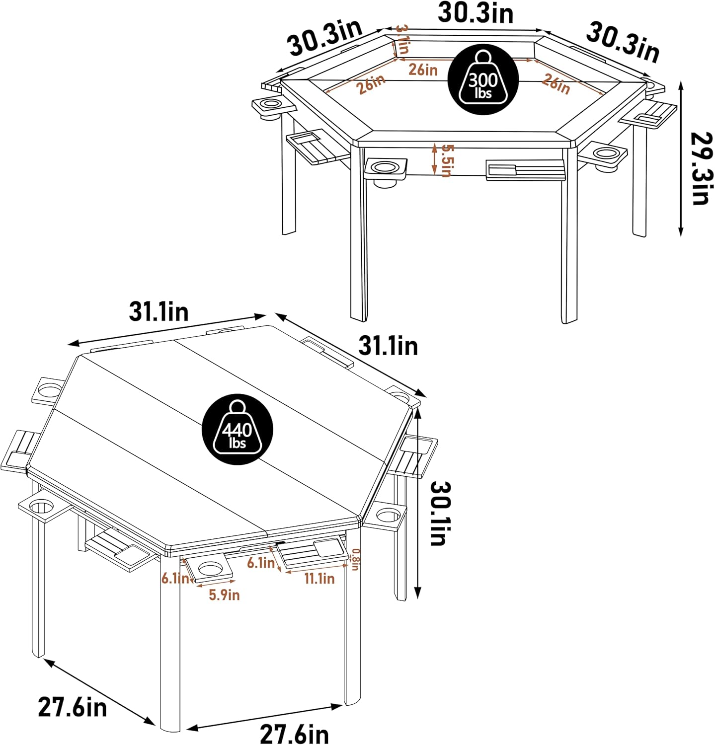 MUPATER Solid Wood Board Game Table with Removable Top for 6 Players, 63" L x 54" W x 30" H Convertible Gaming Table for Adults, Includes Cup Holders, Hobby Tray and Play Mat, Hexagonal