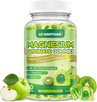 Magnesium Glycinate Gummies for Kids & Adults - Sugar Free Magnesium Malate with L-Theanine, Omega-3, Vitamin D3, B6, B12, C- Sleep, Calm, Relaxation, Brain, Bones, Green Apple & Kiwi,60ct