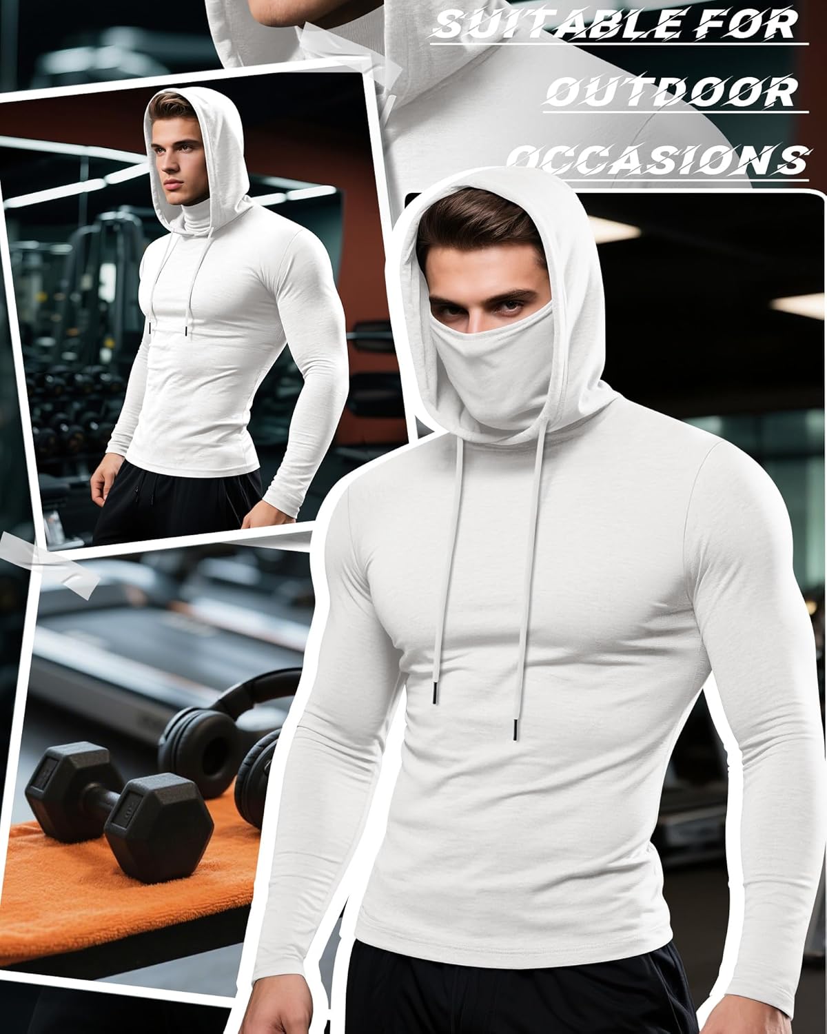 3 Pack Men's Sports Hoodies with Mask Compression Long Sleeve Thermal Shirts Base Layer Tees Running Pullover