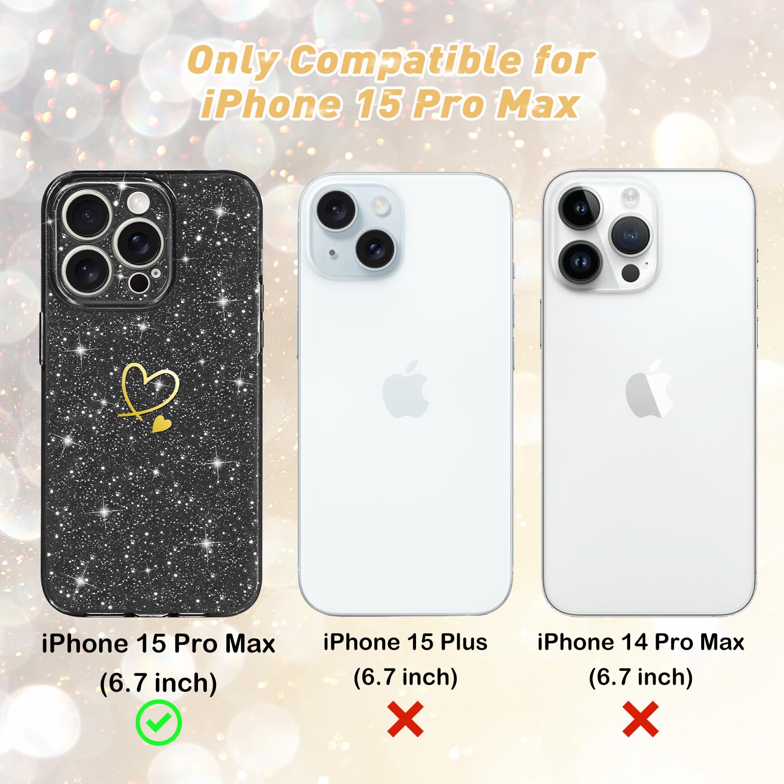 Custodia Glitter Per IPhone 15 Pro Max Con Cuore Dorato - Silicone Morbido Antiurdo, Protezione Fotocamera, Ricarica Wireless