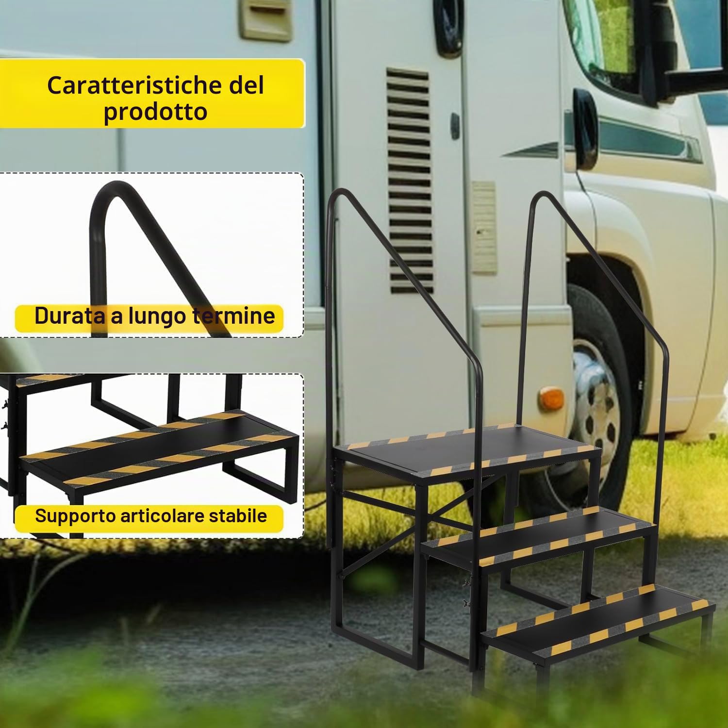 Scala per camper a 3 livelli, gradini per camper 200 kg, portata per roulotte, campeggio, con 2 corrimano, gradini antiscivolo, trailer