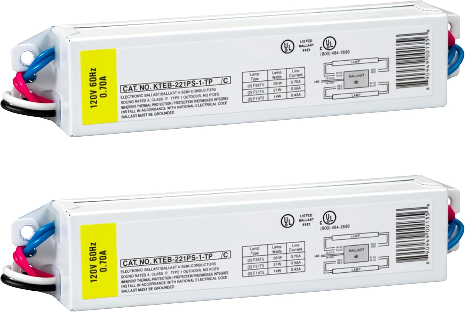 OHLECTRIC (2 Pack) Replacement for Keystone KTEB-221PS-1-TP 2 Lamp T5 Electronic Fluorescent Ballast | 120V Input with Program Start | Normal Ballast Factor | UL Approved