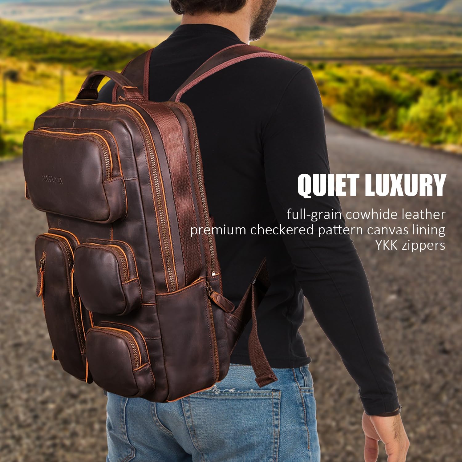 STAR VISTA Antonio 17.3" Vintage Full Grain Leather Laptop Backpack for Men, Multi Pockets, Casual Outdoor Business Travel Rucksack, YKK Zippers, Dark Brown