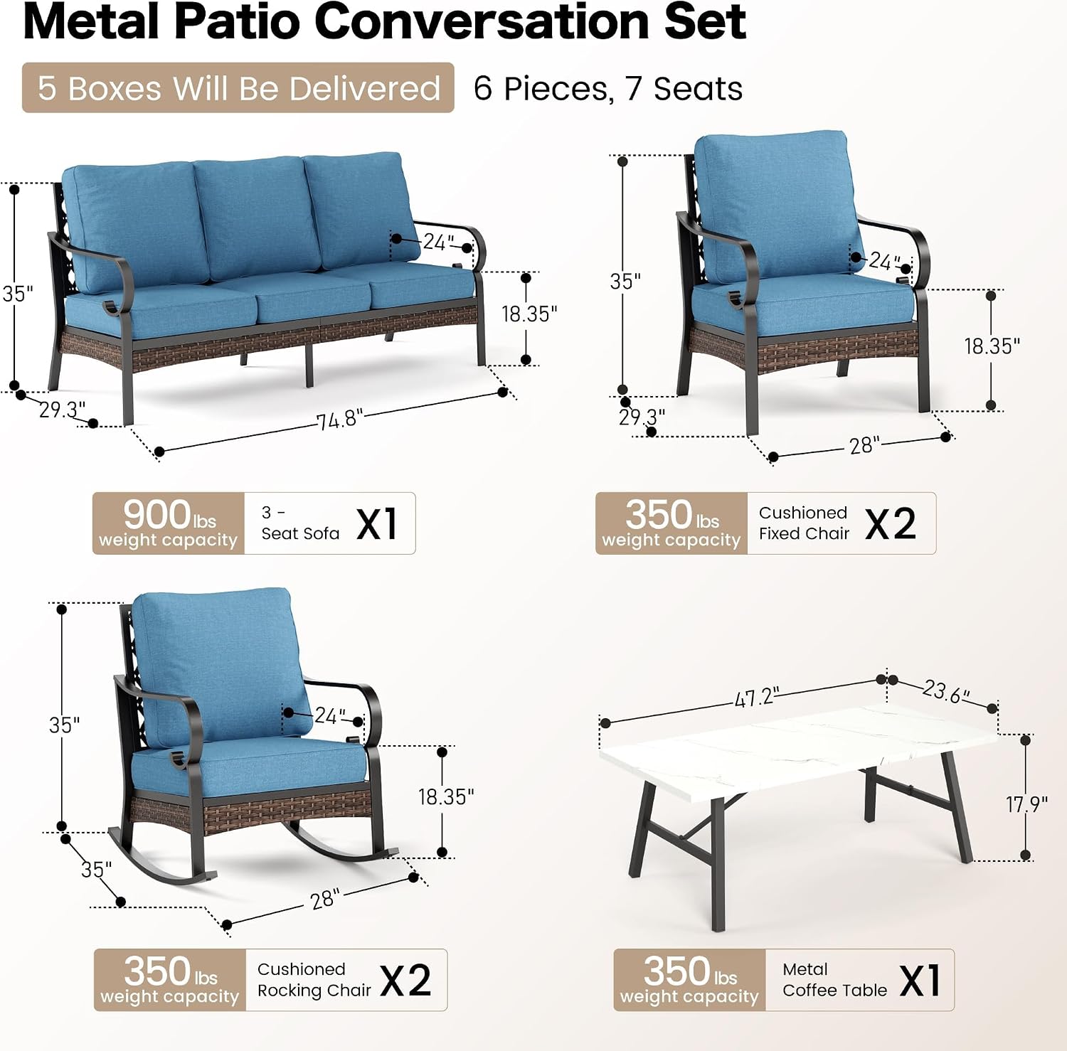 SUNSHINE VALLEY 6 Piece Metal Outdoor Patio Furniture Set, Patio Conversation Set with Rocking Chair and 5.75" Thick Cushion & Coffee Tabl, Outdoor Seating Black Frame Backyard Furniture, Denim Blue