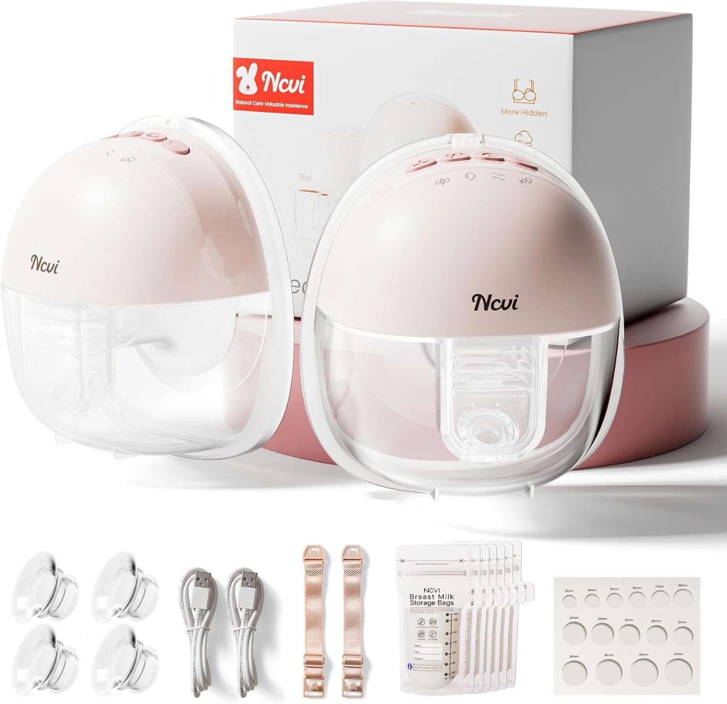 NCVI Wearable Breast Pump, Hands Free Electric Breast Pump with 4 Modes & 9 Levels Suction, Portable Breast Pump Ultra Quiet <42dB, 150min Battery Life, 19/21/24mm Flange, Breastfeeding Pump for Moms