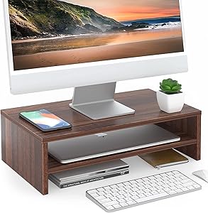 FITUEYESモニター台 机上台 2段パソコン台 モニタースタンド幅42.5cm横幅 木製天板 PC台 デスクトップ用 机上ラック パソコンラック 卓上収納 キーボード収納ブラウンDT204203WB