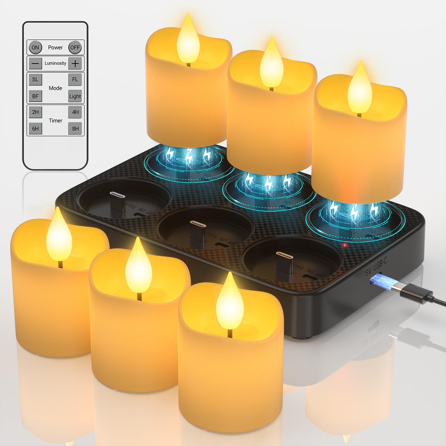 SoulBay Akumulatorowe podgrzewacze ze stacją ładującą, 6 szt. akumulatorowych lampek LED z pilotem zdalnego timera, bezpłomieniowe elektryczne świece LED migoczące na Halloween, Boże Narodzenie