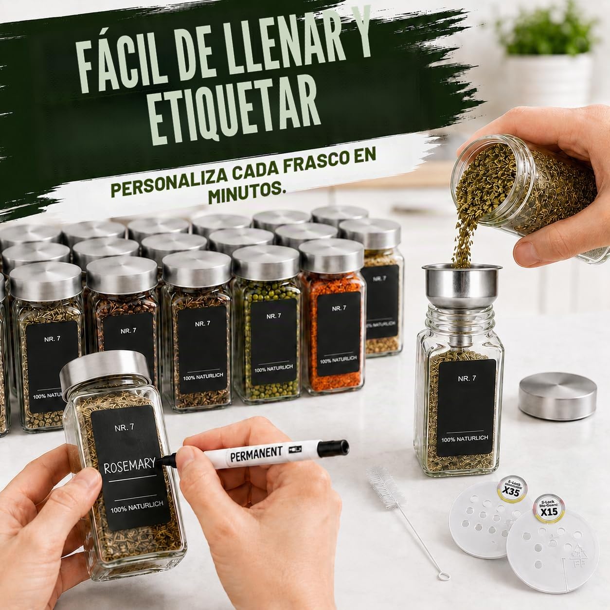 35 tarros de especias cuadrados, 120 ml botes especias cristal, con 120 etiquetas negras bellamente impresas, botes transparentes para especias cocina con tapa de acero inoxidable.
