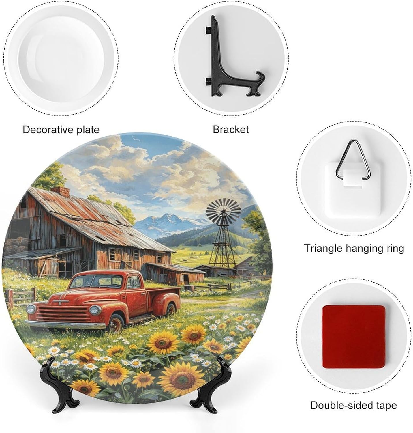 Rural Red Truck Bone China Decorative Plate with Stand 7inch image 3