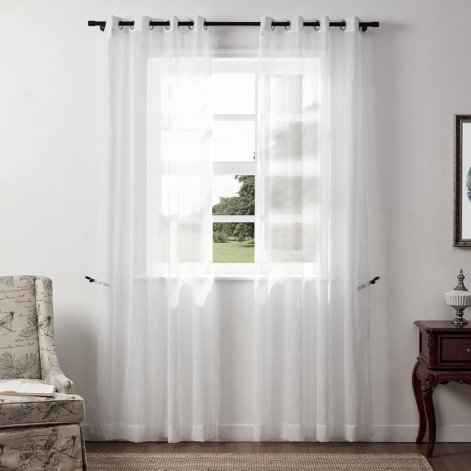 ChadMade Sheer Voile Curtains Panels White Linen Drapes Solid Pattern Design Grommet Semi Sheers Drapes for Bedroom, 84 Inches Long Sheer Curtains White 52Wx84L, (2 Panels) Sabina Collection