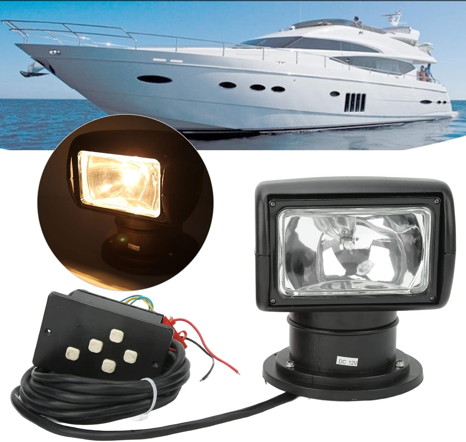 100W Halogen Remote Control Searchlight – 320 Degree Rotation, 2500LM Spotlight for Marine and Automotive Use (DC12V)
