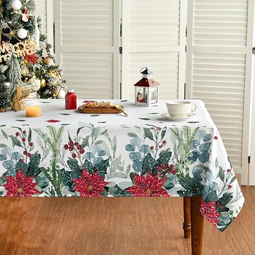 Horaldaily Mantel de Navidad de 60 x 120 pulgadas, mantel de eucalipto de flor de pascua, lavable, para decoración de fiestas, picnic, cena