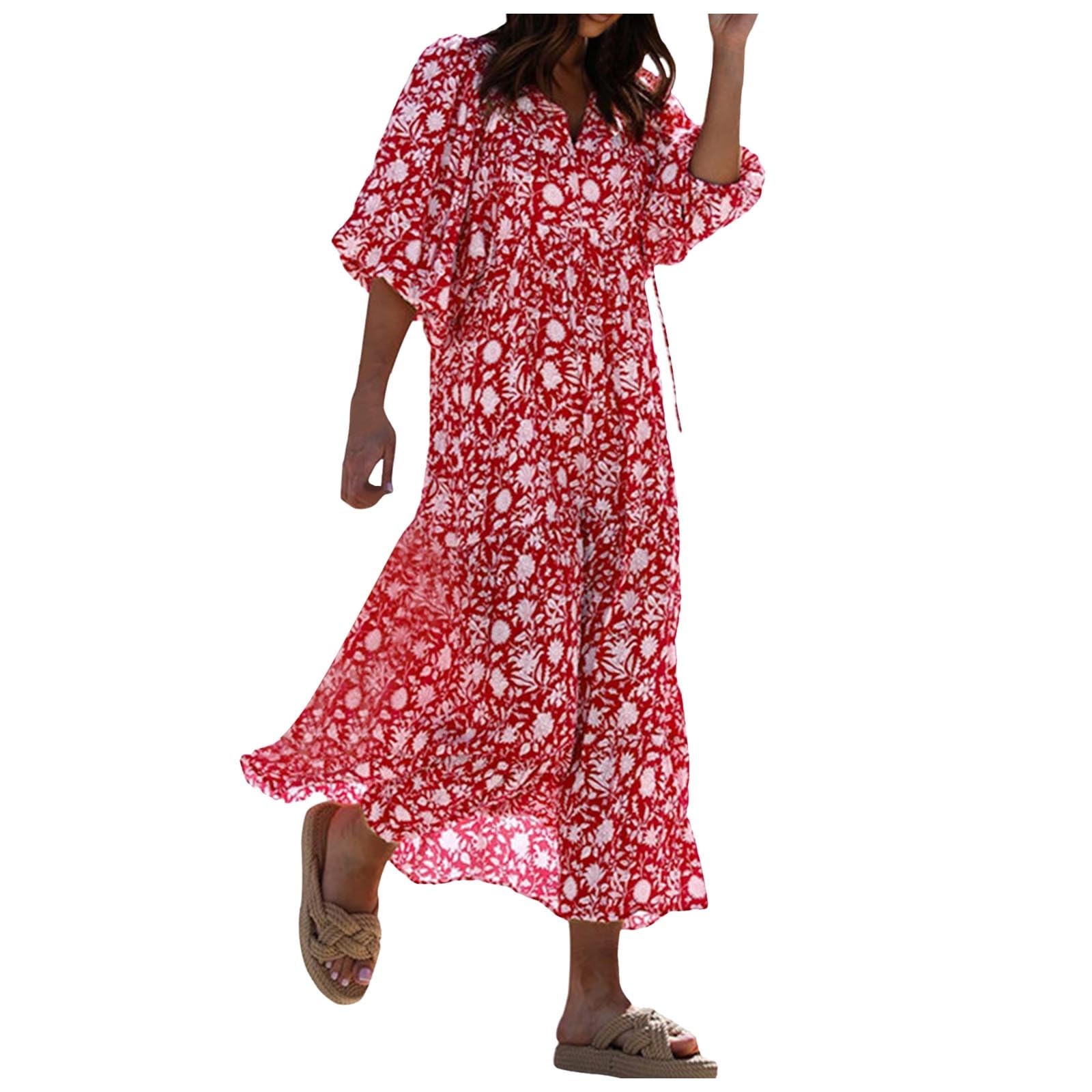 Generic Vestidos De Encaje Mujer Vestido de Media Manga con Estampado Bohemio, Vestido Suelto con Correa y Cuello en V, Vestido Largo con Empalme, Vestido de Vacaciones Camiseta Mujer