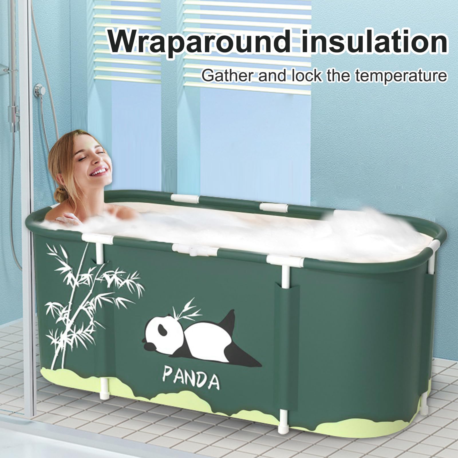Baignoire Pliable 115x60x55cm, Baignoires Portable Pliage pratique, Pliante SPA Baignoire pour Petite Salle de Bain, Trempage Autoportante Enfant Adulte (Style panda)