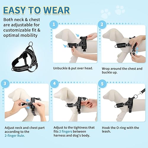 Miniatura 9 de SlowTon Juego de arnés y correa para perro pequeño sin tirones, arnés de chaleco suave ajustable para cuello y pecho, arnés ligero reflectante y