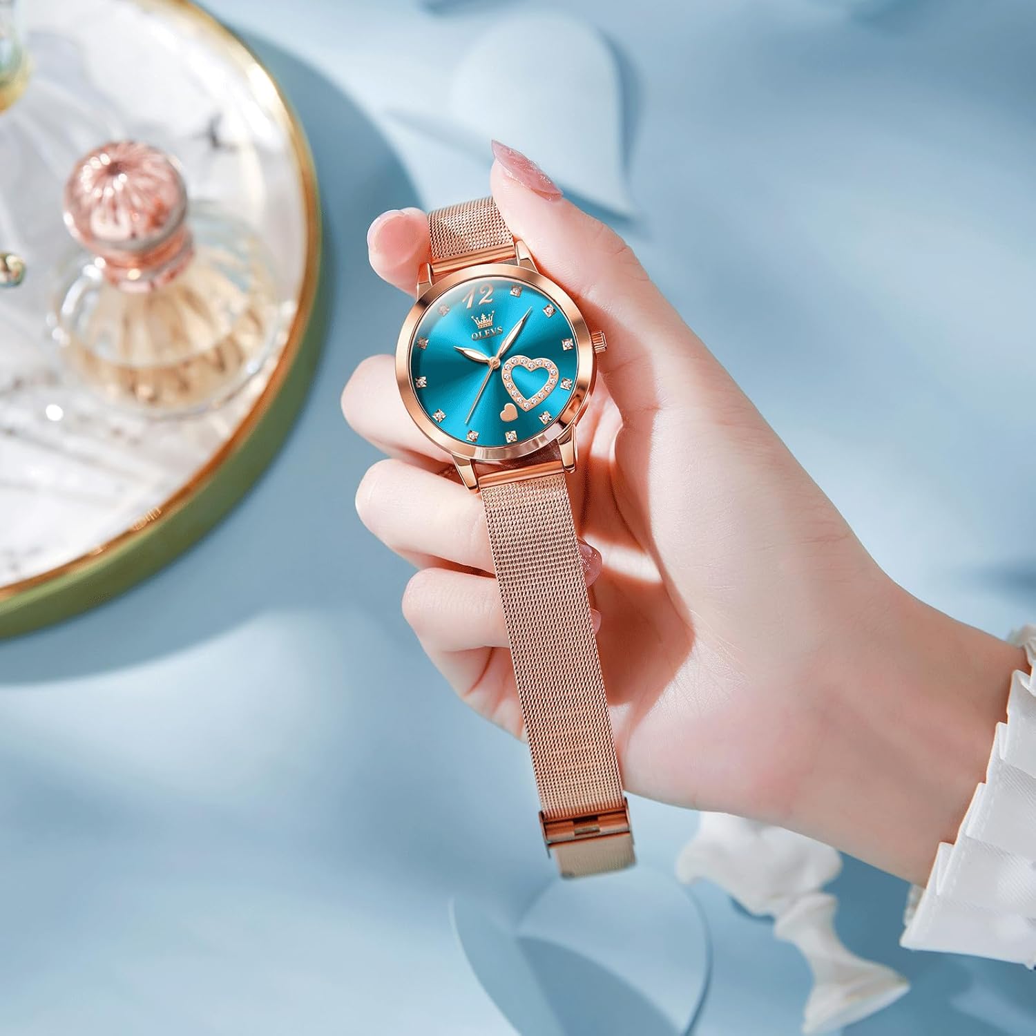 OLEVS Women Watches, Elegant Rose Gold Small Wrist Ladies Watch, Sophisticated Waterproof Mesh Bracelet Quartz Watch for Women - Image 2