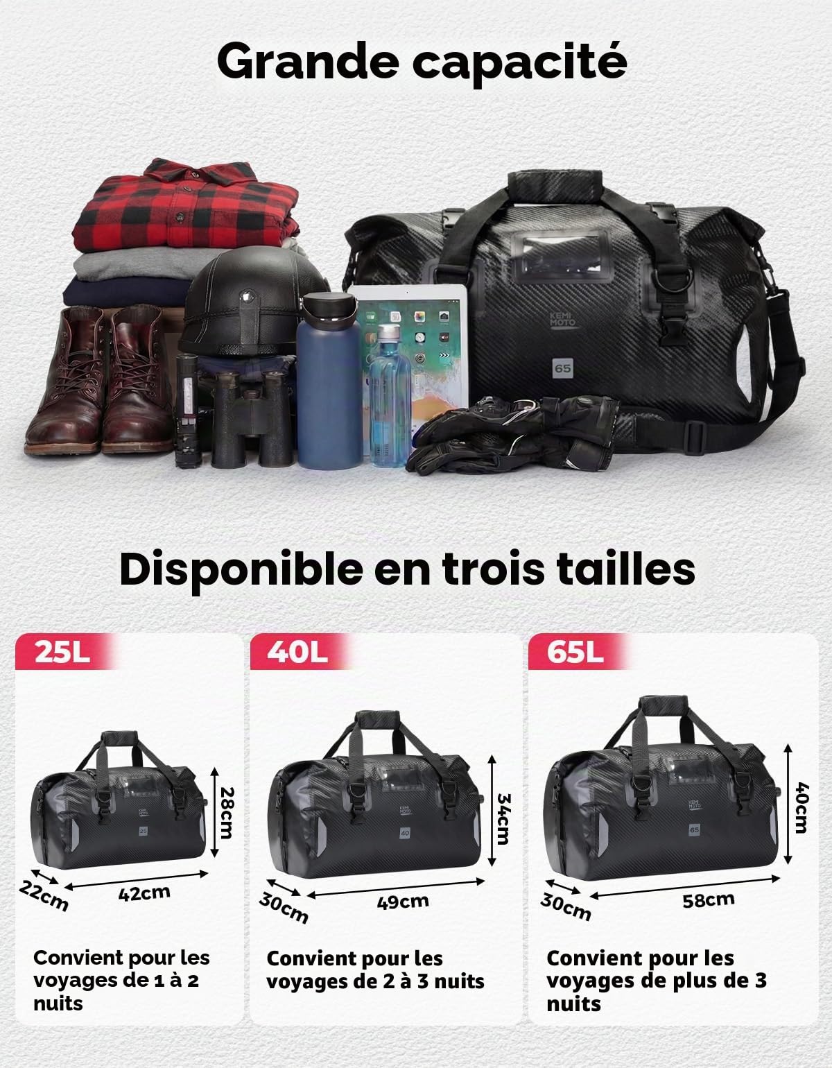 KEMIMOTO Sac Moto Étanche IPX6, 65L Sacoche Arrière Moto Grande Capacité avec Bandoulière Amovible, Sac de Voyage Réfléchissant avec 4 Sangles Rapides, Idéal pour Tourisme Camping Bateau, Noir