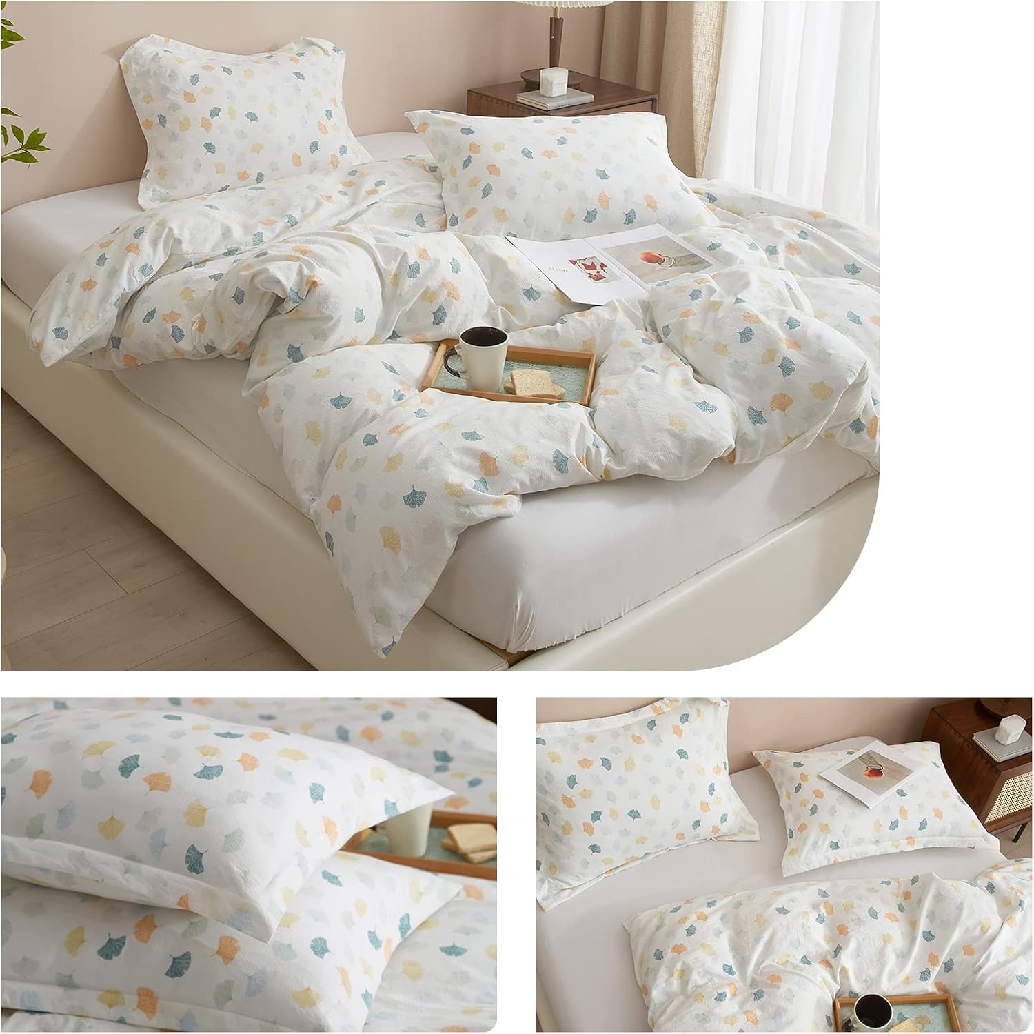 EAVD Colorful Ginkgo Leaves Pattern Duver Cover Twin Soft Microfiber White Bedding Set 1 Twin Size Duvet Cover with 2 Pillowcases Fresh Leaves Bedding Duvet Cover with Zipper Closure Corner Ties