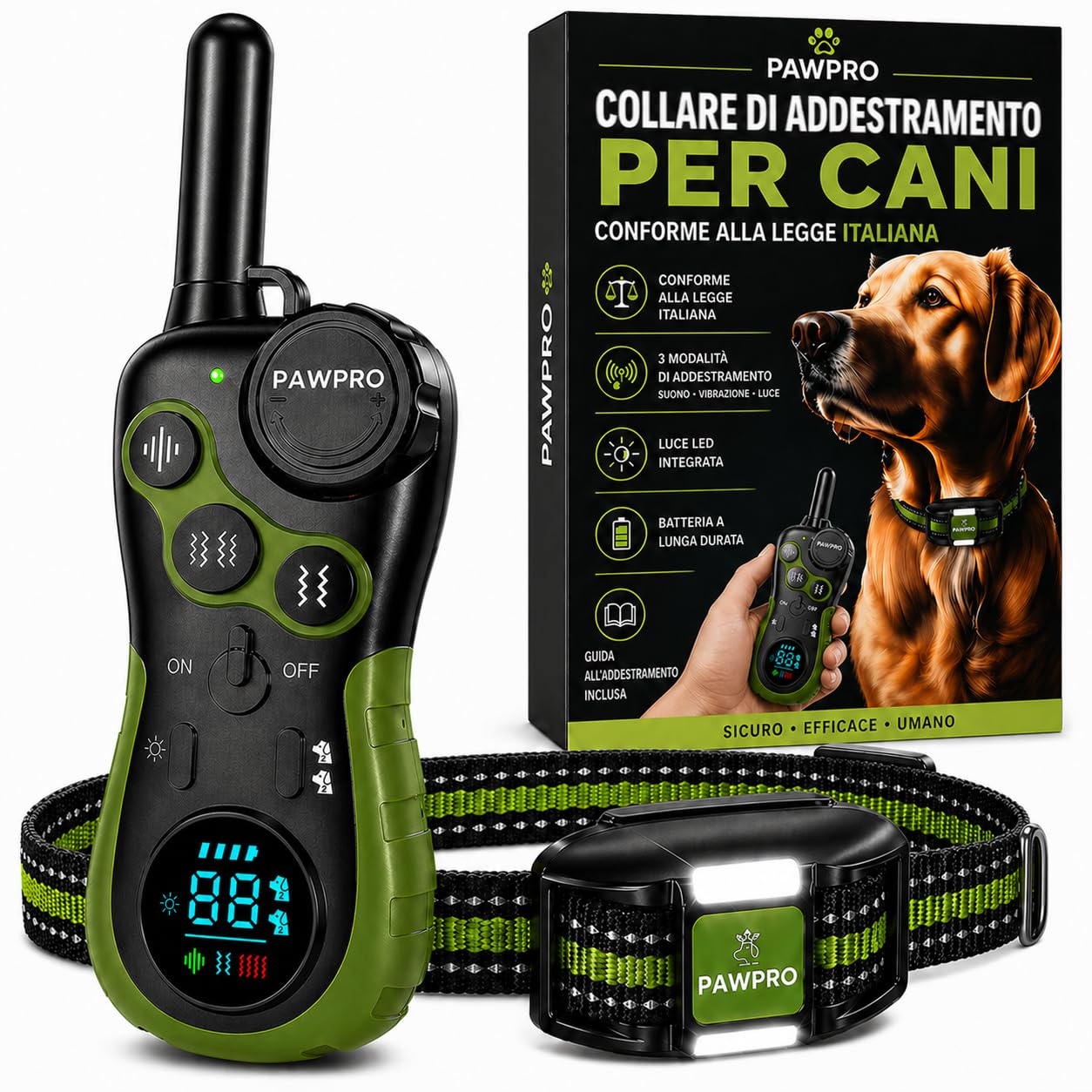 PAWPRO Collare di Addestramento, Conforme Nuova Legge Italiana Benessere Animale, Portata XXL 3 km, Modalità Luce Notturna, BIP Vibrazione Potenziata, Adatto Tutti Cani, Impermeabile (1 Collare)