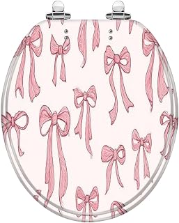 Round Toilet Seat Pink vintage coquettish ribbon bows seamless for fabric gift Resin Toilet Seat Slow Quiet Close Lid with Quick-Release Hinges Cover Bumpers Easy to Clean Install