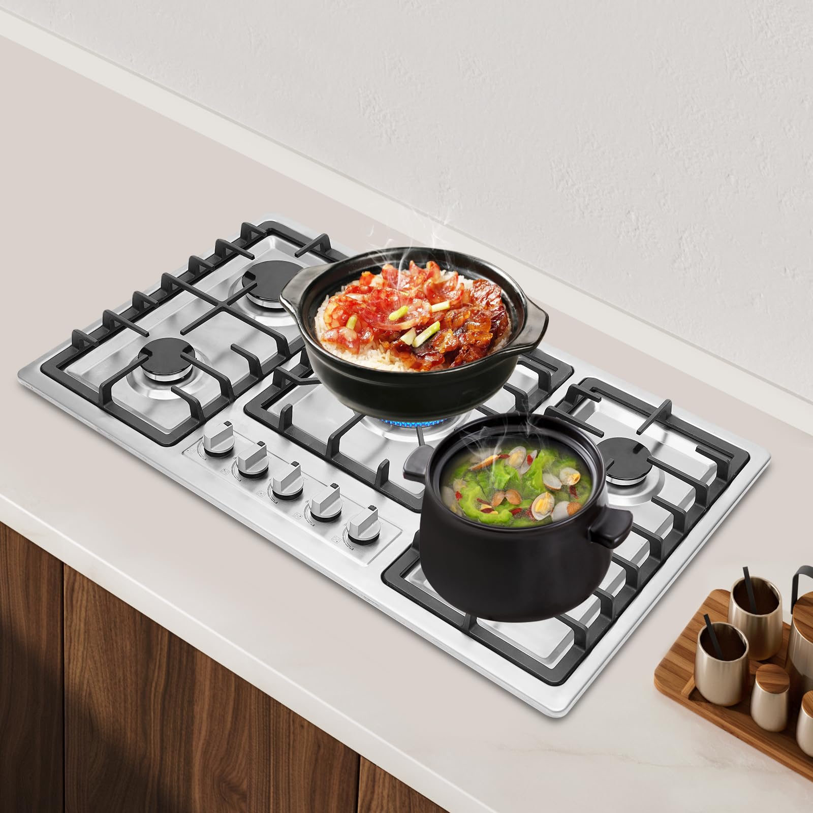 Plaque de cuisson à gaz 5 flammes pour gaz naturel, 5 flammes en acier inoxydable, 5 plaques de cuisson réglables, plaque de cuisson à gaz NG avec 5 brûleurs, pour restaurants et hôtels