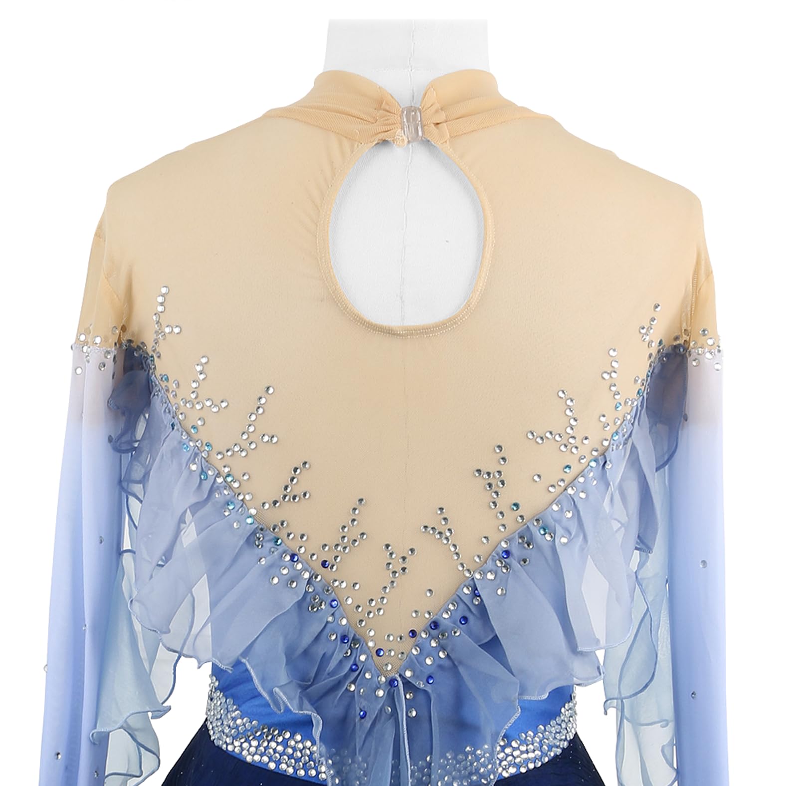 Vestido Patinaje Artistico Niña, Maillot Azul Cinta Manga Larga Mujer de Lentejuelas Rhinestone, Vestido De Baile Lírico Maillot