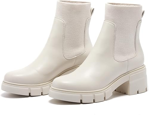 Miniatura 7 de REDTOP Botas Chelsea elásticas para mujer con tacón grueso en bloque, plataforma y suela con relieves, botines al tobillo