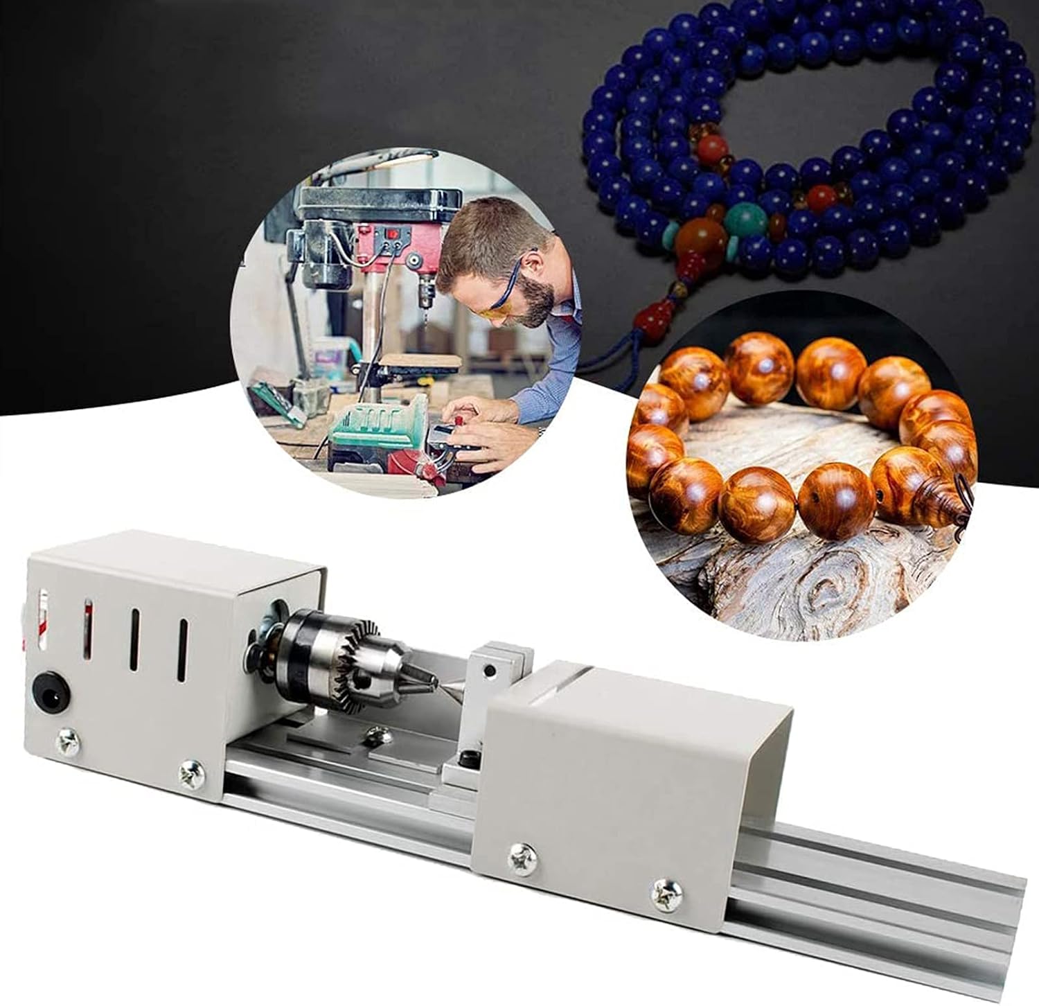 Mini Lathe 12V-24VDC 96W, Mini Wood Lathe Beads Polisher Hine, DIY Woodworking Miniature Buddha Pearl Lathe Grinding Polishing Beads Wood Drill Rotary Tool Set