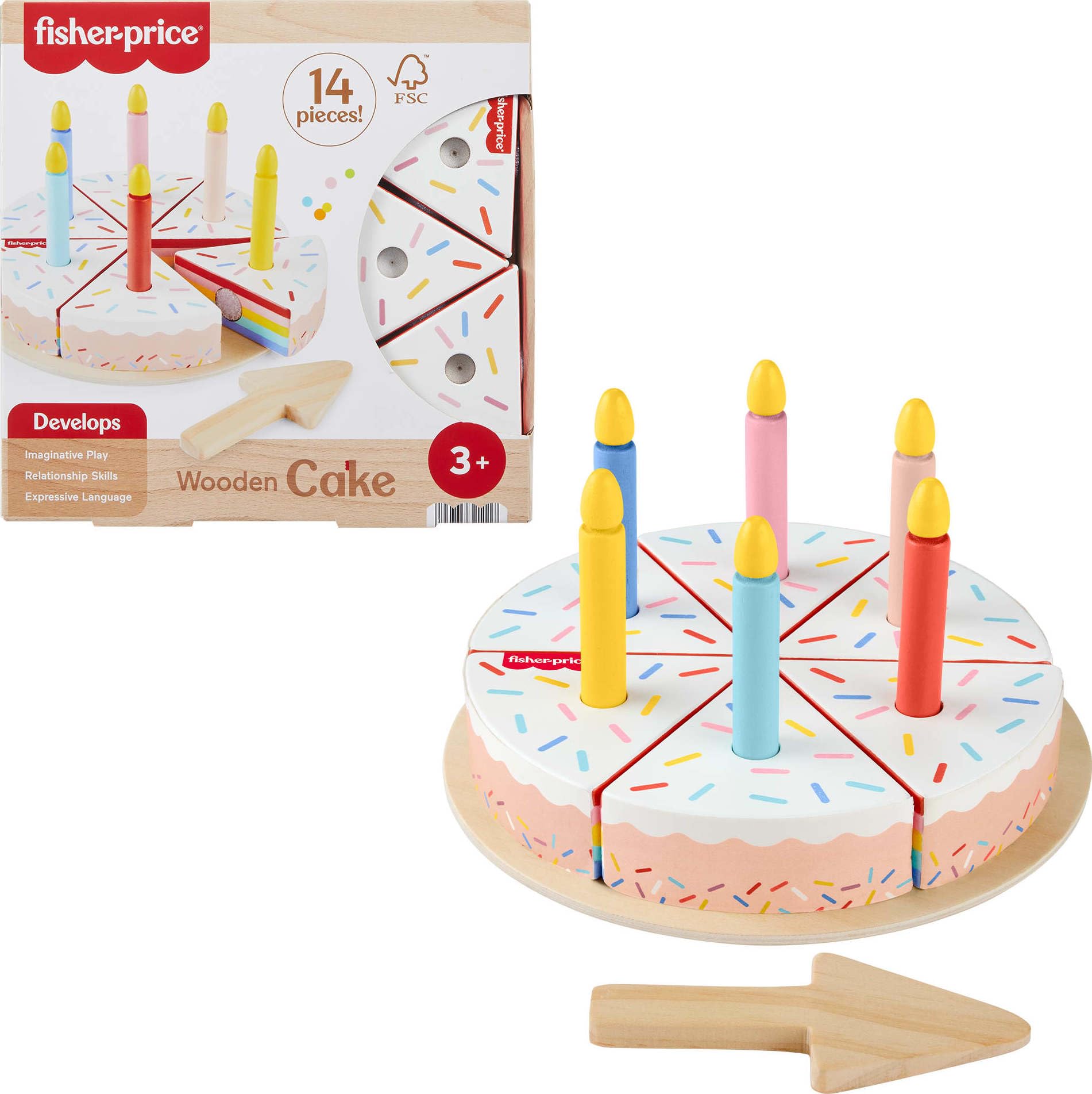 Fisher-Price Wood Pretend Play Toy Cake Set, 14-Piece Wooden Food Decorating & Serving Play for Preschool Kids Ages 3+ Years