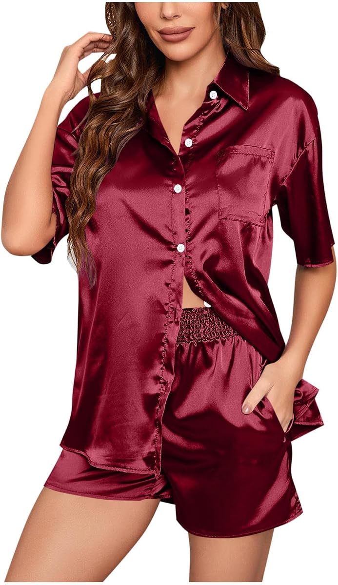 Silk Pajama for Women Short Sleeve Satin Pj Set Button Down Shirts and Shorts Two Piece Sleepwear Loungewear