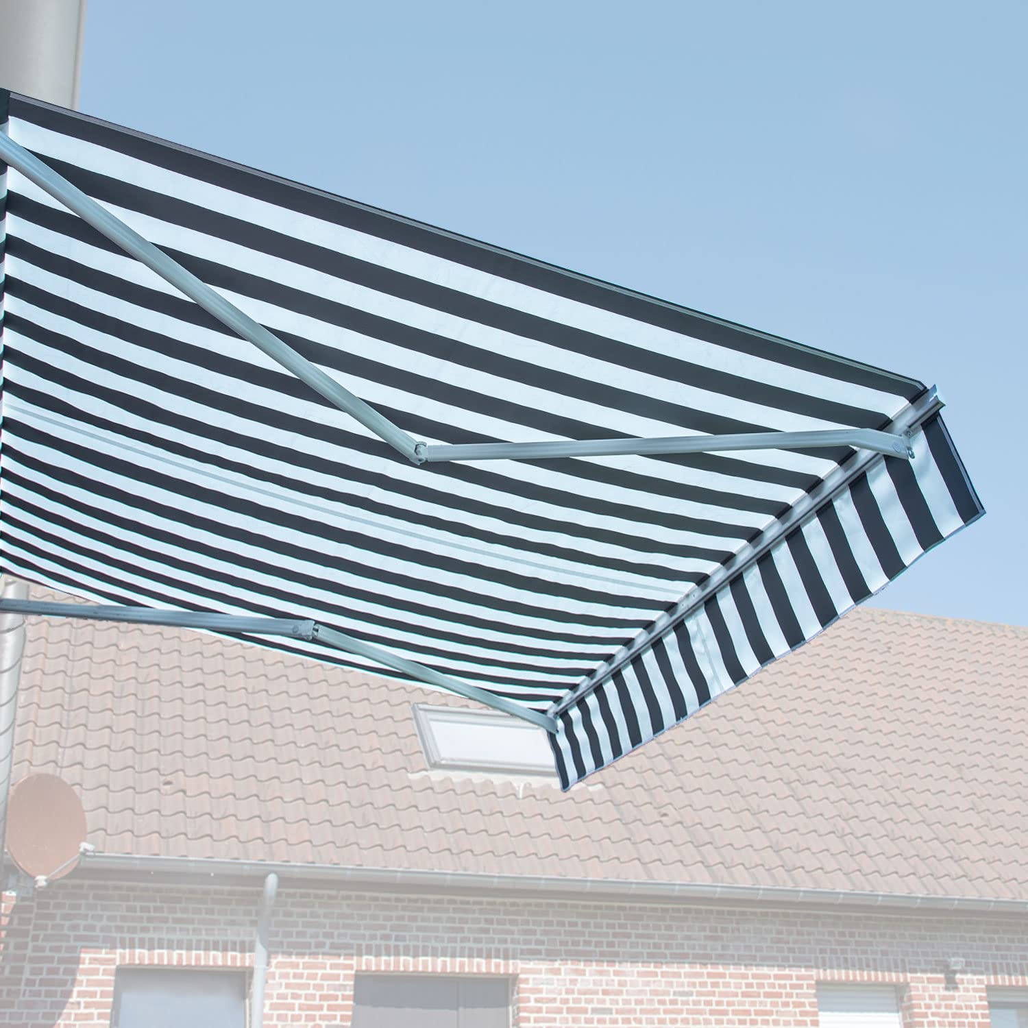 Store banne Saule 2,5 × 2m - Toile rayée Blanche/Grise et Structure Blanche