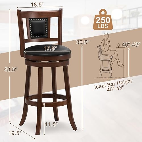Miniatura 3 de Giantex Juego de 2 taburetes de bar giratorios de 30.5 pulgadas de altura de barra con respaldo ergonómico, asiento acolchado suave, patas de madera