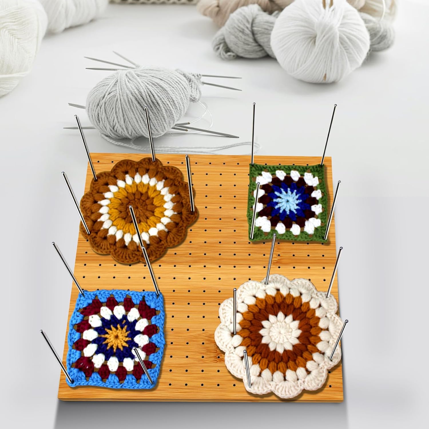 LIVSMON 11.8" Blocking Board with 20 Steel Pins, Handcrafted Knitting Blocking Mat for Knitting and Granny Squares, Crochet Gifts for Crocheters