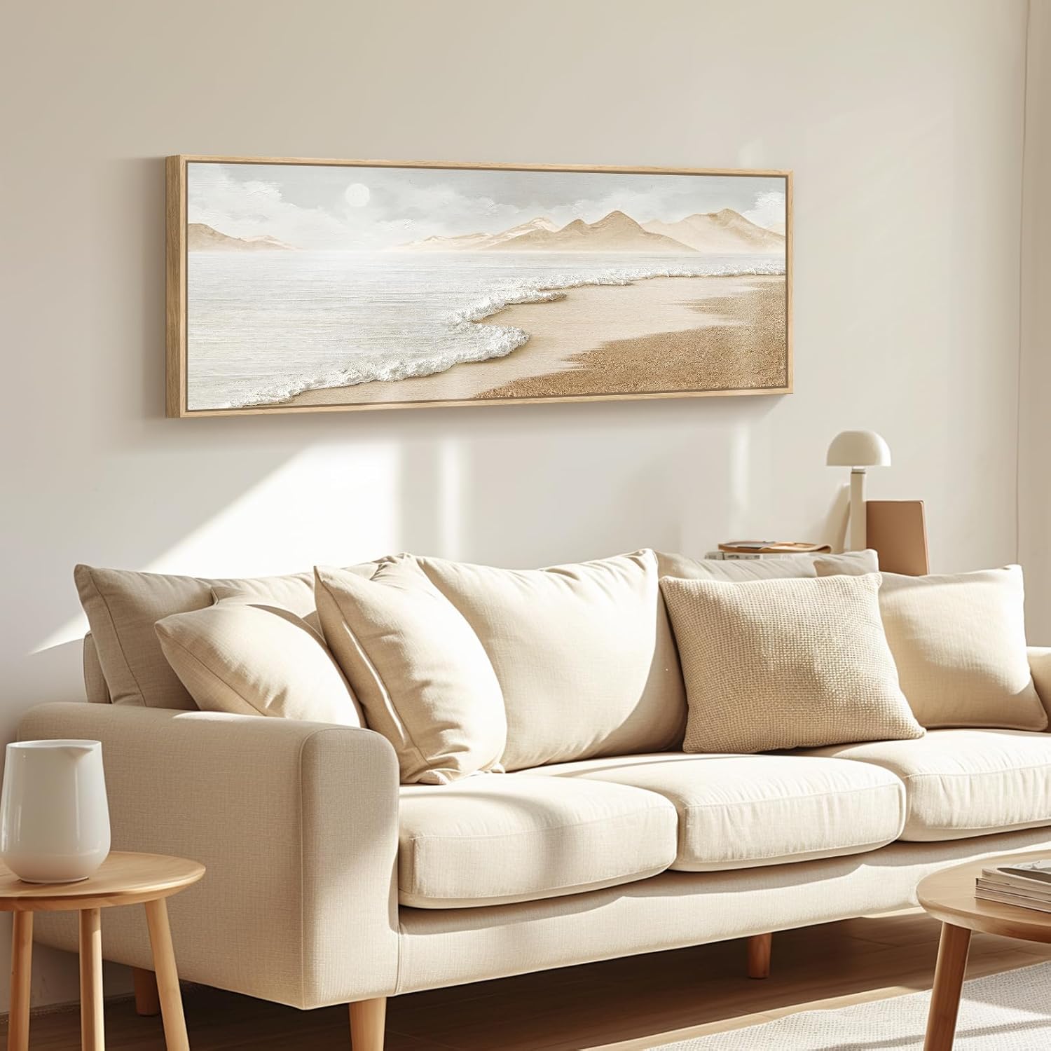framed boho coastal beach wall art for living room, large neutral ocean canvas artworks for walls, long horizontal abstract minimalist coastal art print for bedroom kitchen office wall decor, 16x48 in 48"l x 16"w neutral