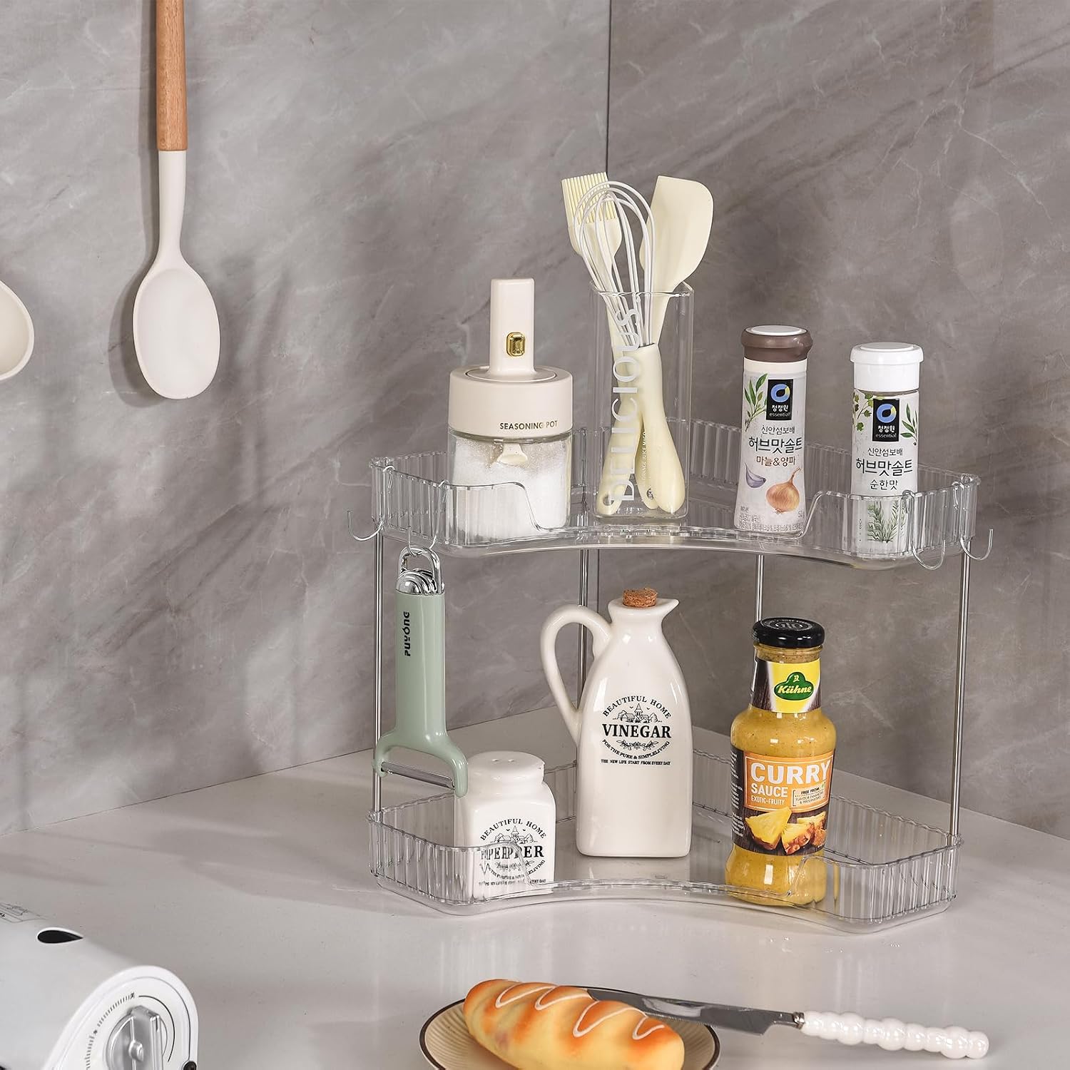 2-Tier Corner Bathroom Organizer Countertop with Hooks, for Makeup/Skincare | Bathroom Sink Corner Vanity Storage for Makeup, Skincare and Perfume (White Silver)