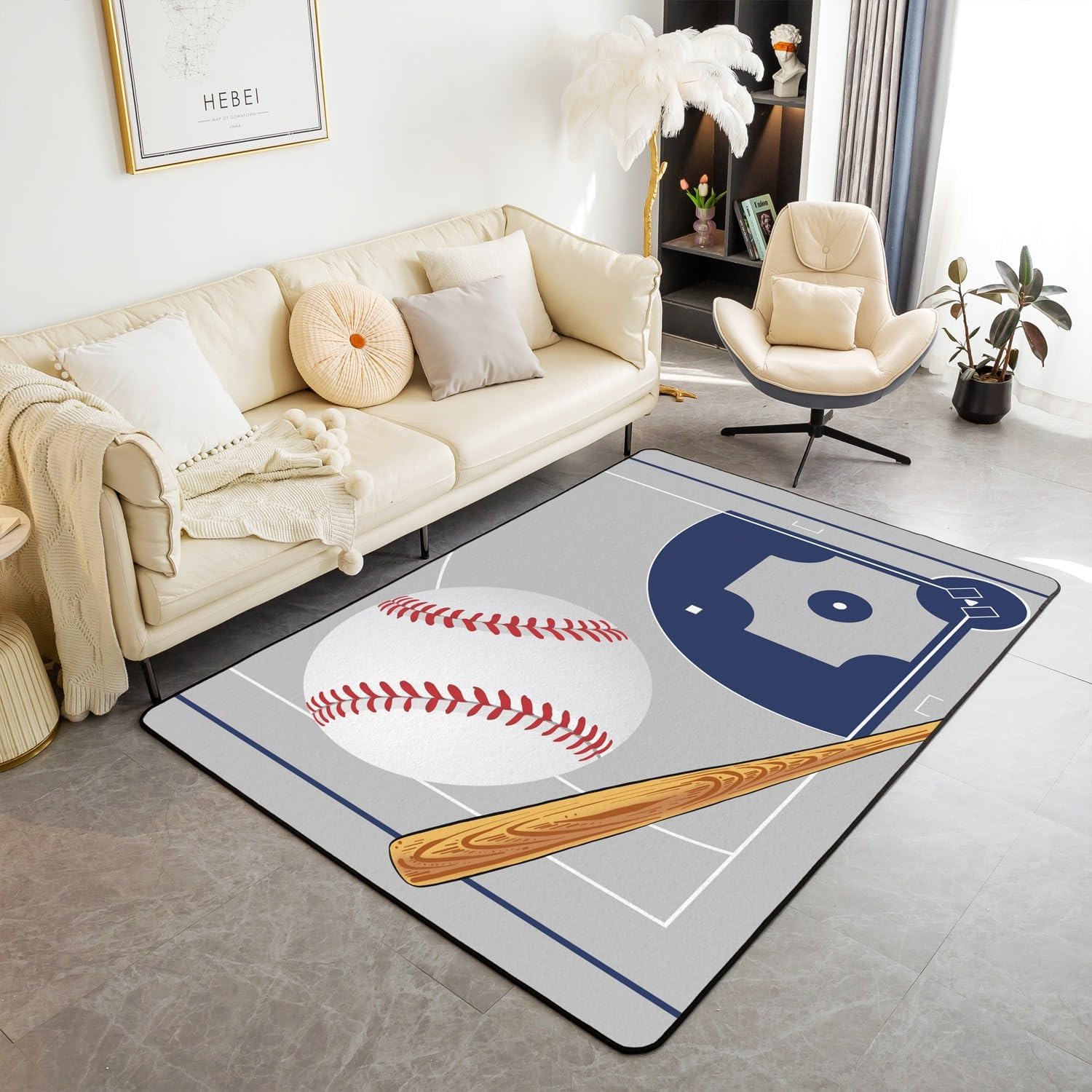 Castle Fairy Boys Baseball Theme Area Rug 3'x5'x0.39'', Retro Club Hand Drawn Field Indoor Floor Mat for Playroom Bedside Sofa Bedroom, Kids Teens Sports Theme Non Slip Decorative Rug