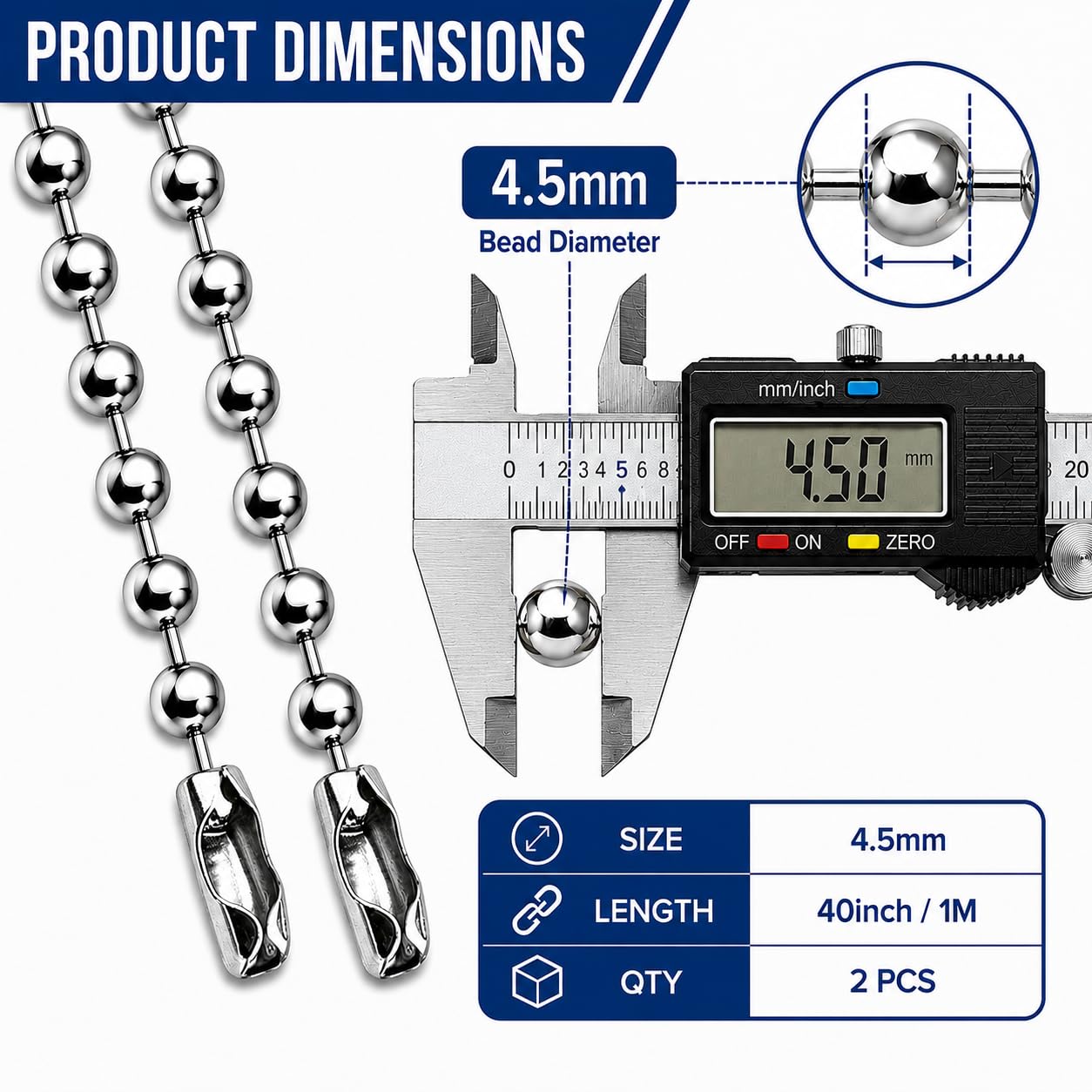 4.5mm Stainless Steel Ball Chain, 2PCS 40 Inch (1M) Bead Chains with 10 Matching Connectors, Heavy Duty Metal Ball Chain for Roller Blinds, Hanging Signs, Lamp Pull Chains, DIY Hanging Decor