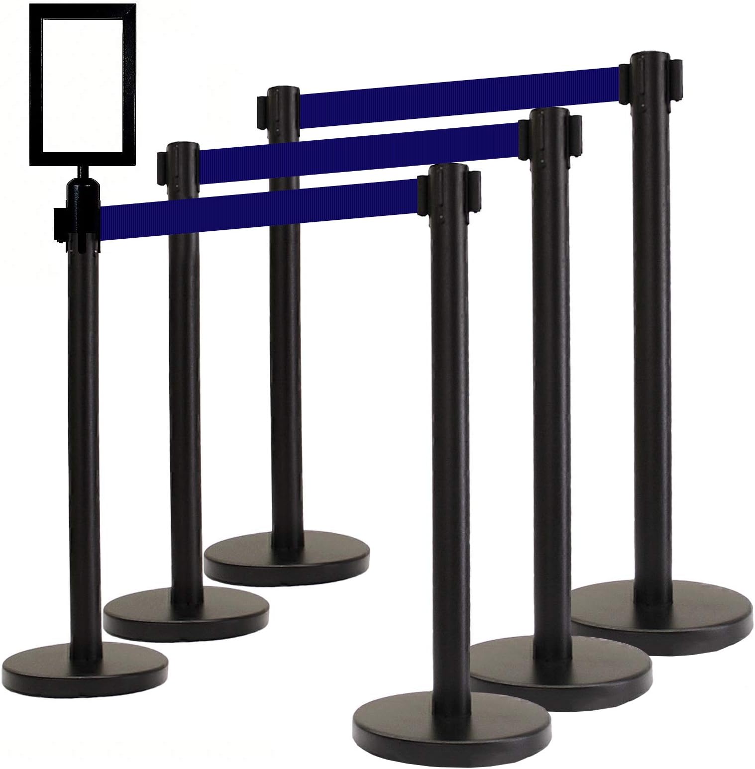 VIP Crowd Control Retractable Belt Stanchion Queue Safety Barrier Set,36" Ht, 78" Blue Belt + Sign Frame + Wall Bracket (6 Posts+SFrame+WBracket)