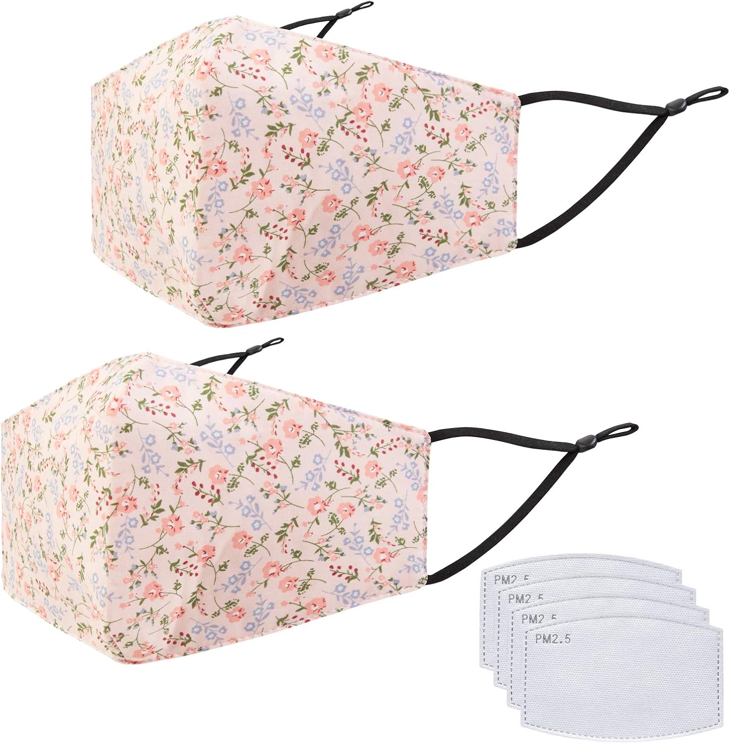 Cloth Face Mask 4ply Washable Reusable,Adjustable Earloop Unisex Adult Dust-Proof Face Mask,Flower-D,2PCS
