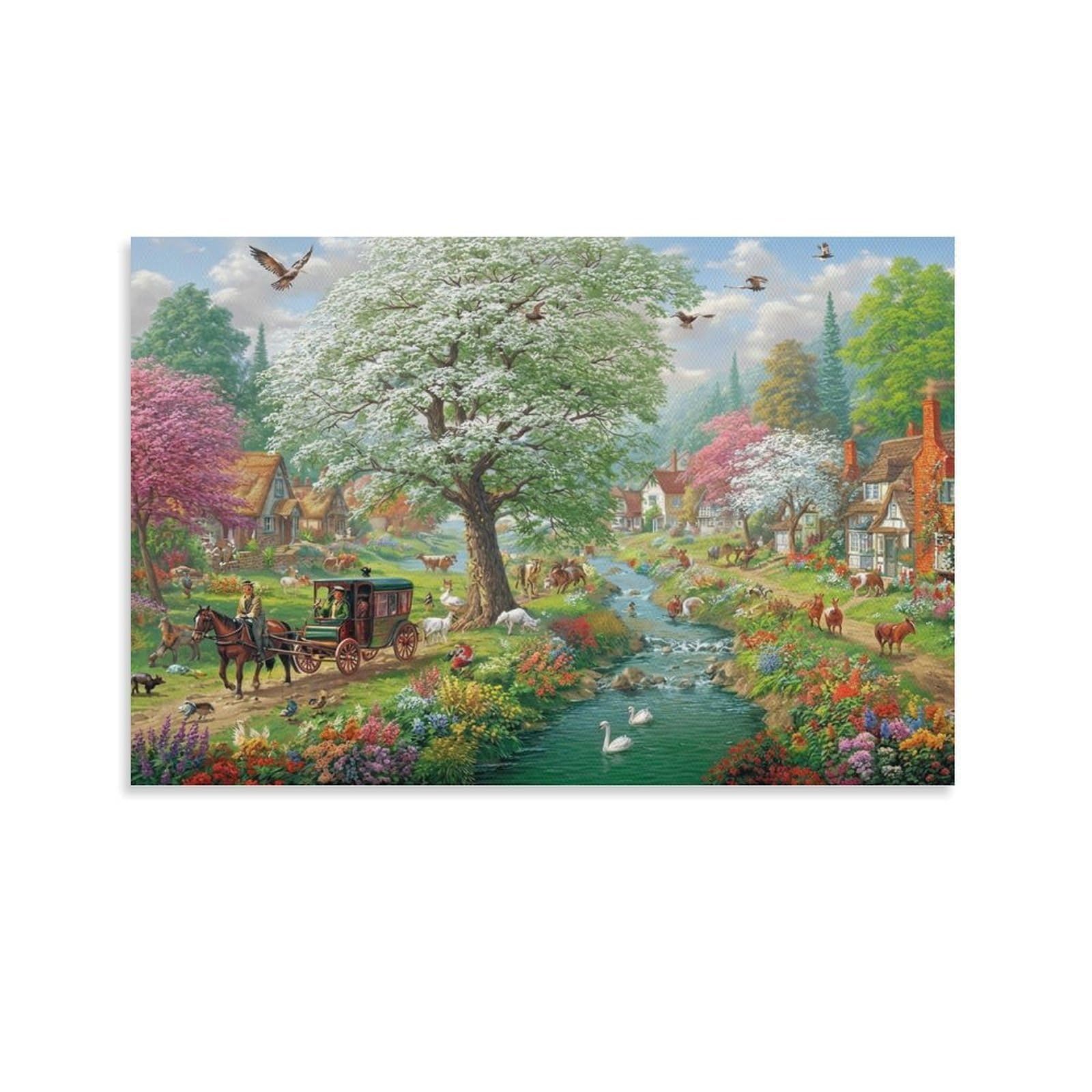 CPLVKWRQJ Spring Village Scene Individual Old Carriage Village Stream Spring Painting Canvas Print - Office Wall Art Fade Resistant Statement Piece Ready to Hang 20x30inch(50x75cm)