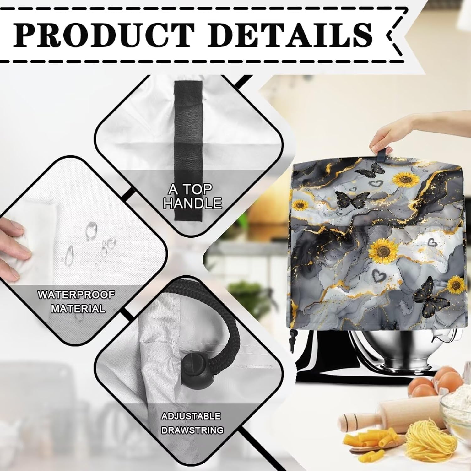 Butterfly Sunflower Marble Kitchen Aid Mixer Cover Stain Resistant Stand Mixer Dust Covers Food Processor Covers for Kitchen Aid Accessories and Attachments - S